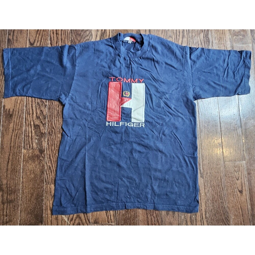 Vintage 90's Tommy Hilfiger T-Shirt Embroidered Medium Blue